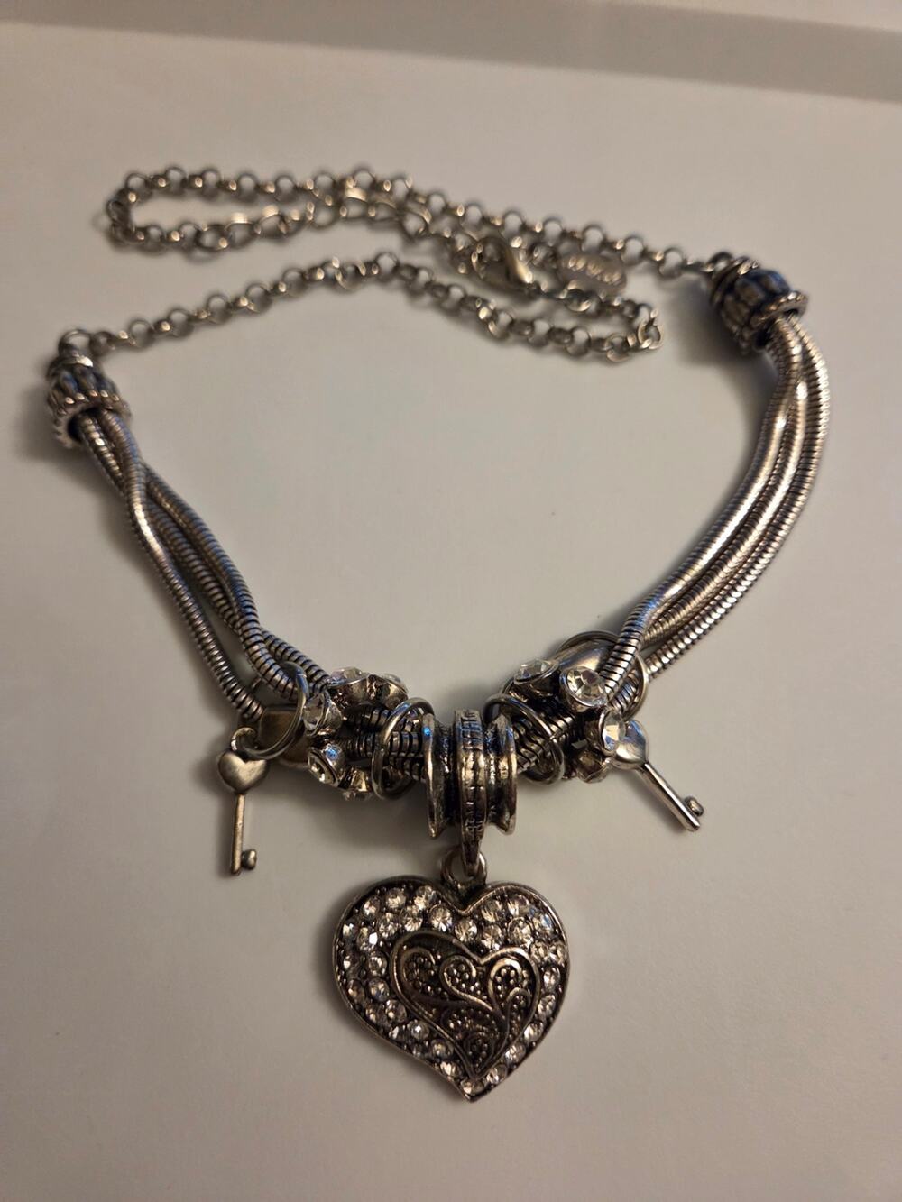 Silver Tone Chunky Charm Necklace Heart Key Rhinestone Beads Dangle Style